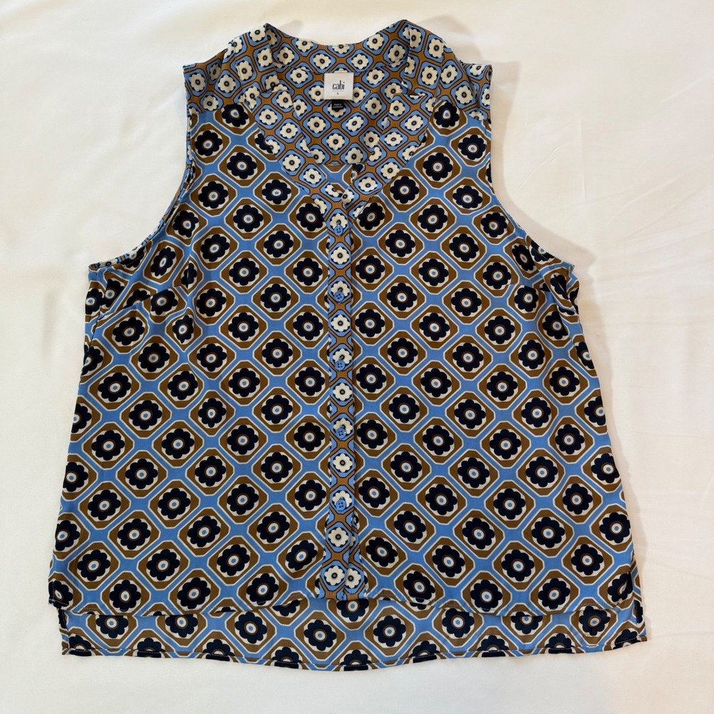 Geometric Floral Sleeveless Top Cabi Two-Timing 6320 Blue Brown Large Retro Mod